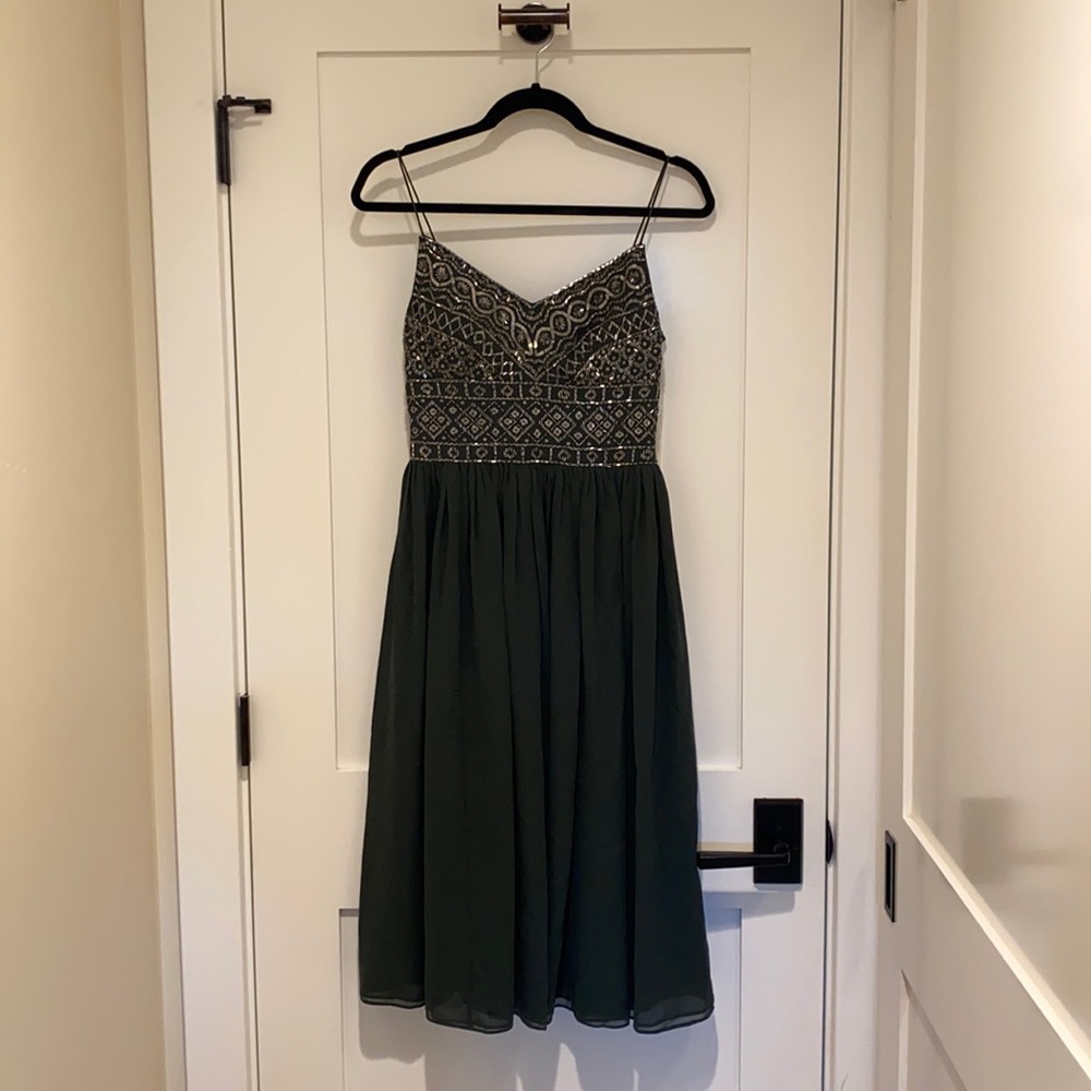 BHLDN dark green bridesmaid with silver sequins